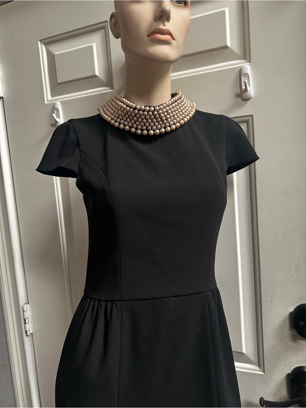 Vtg Moschino Cheap & Chic black  Sheath Midi w/ pearls designed collar Dress